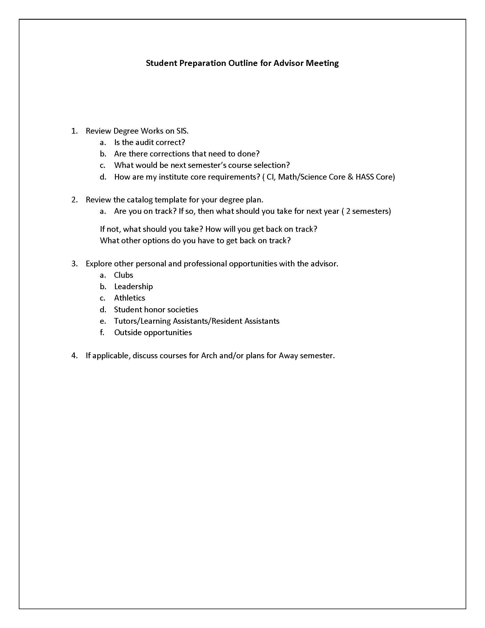 Student Preparation Outline for Advisor Meeting